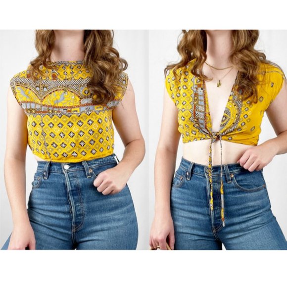 Vintage Tops - Vintage Silk Reversible Crop Top Open Back V-Neck Boho Hippie Floral Print Funky